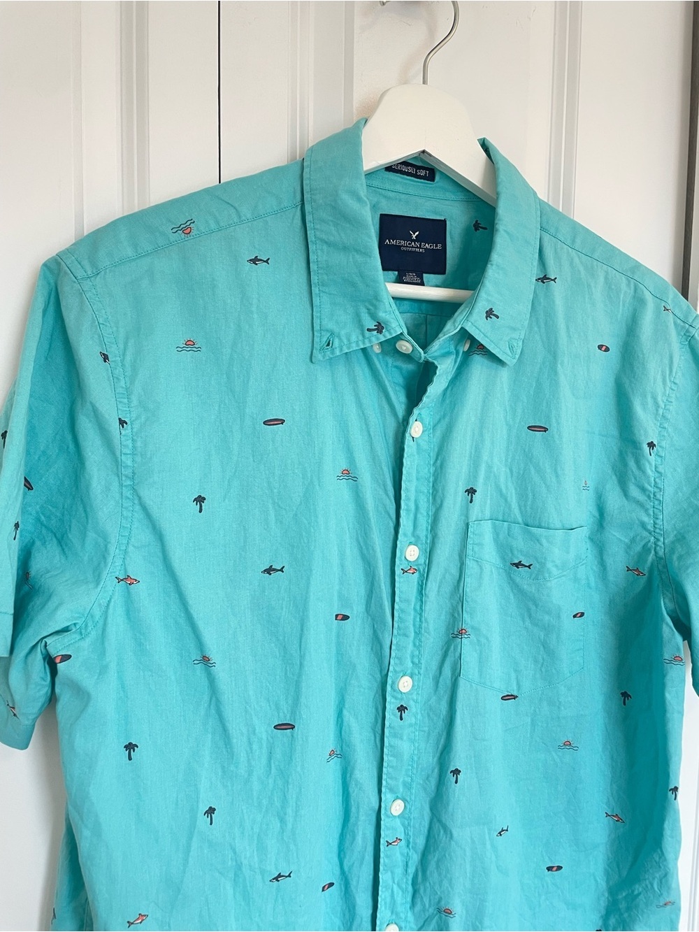 American Eagle Blue Fun Button Down Shirt - Picture 2 of 7